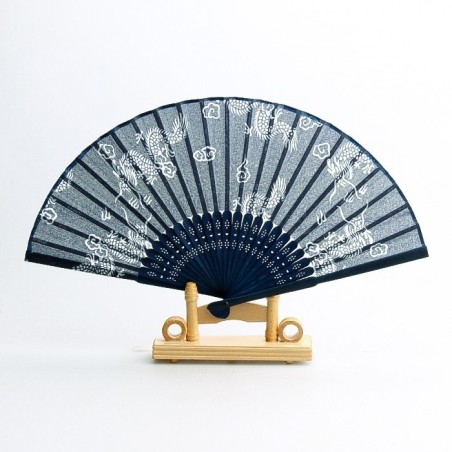Éventail bleu motif dragons blancs