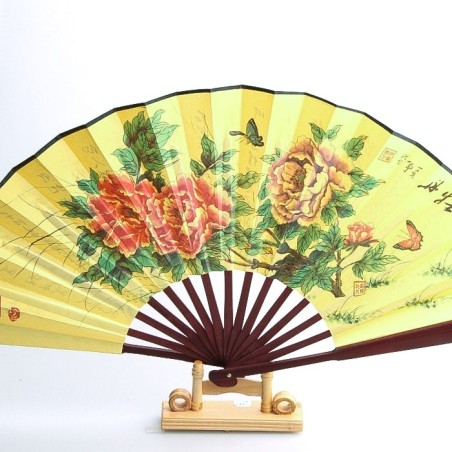 Éventail Chinois en bois et tissu satiné imprimé
