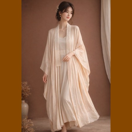 Kimono long fluide beige style hanfu élégant et léger femme