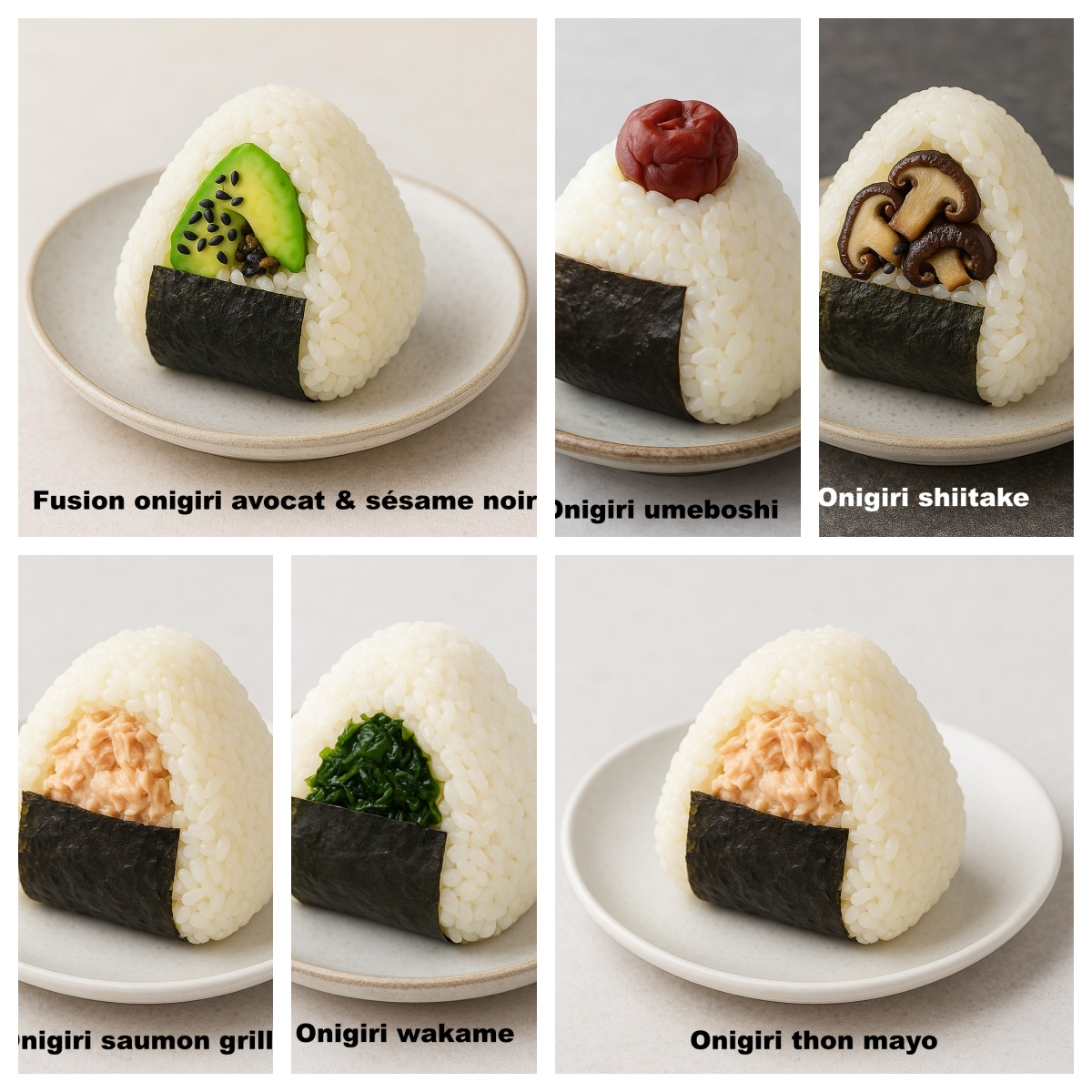 Onigiri Japonais – Toutes les Variantes (Saumon, Thon Mayo, Umeboshi, Shiitake, Wakame, Avocat)