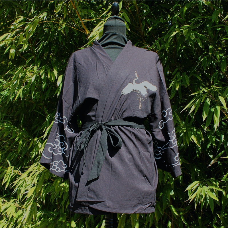 Kimono noir motif grue et nuage taille unique 