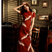 Robe Longue Chinoise " Cheongsam ou Qípáo 旗袍" "motif grue"